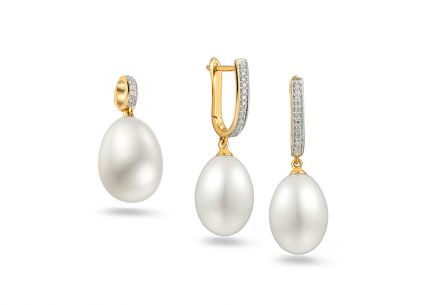 Zlatá súprava s perlami a briliantmi 0.100 ct
