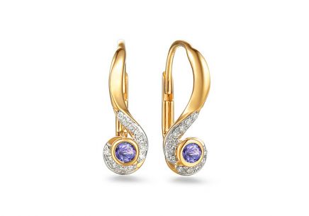 Zlaté briliantové náušnice 0.080 ct a tanzanitom