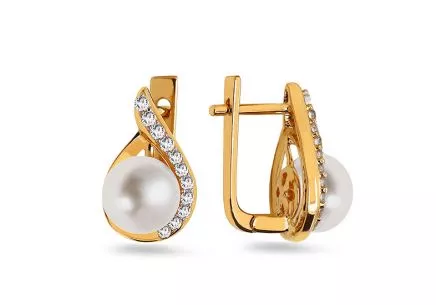 Zlaté náušnice s prírodnou perlou a zirkónmi