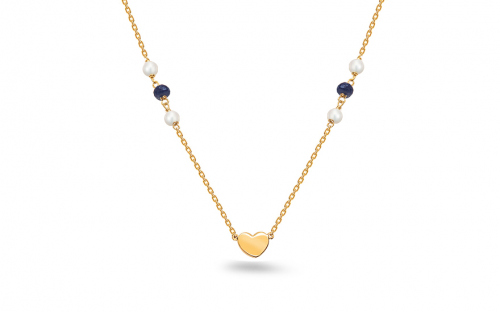 Zlatý náhrdelník so srdiečkom, bielymi perlami a zafírmi - IZ16235M