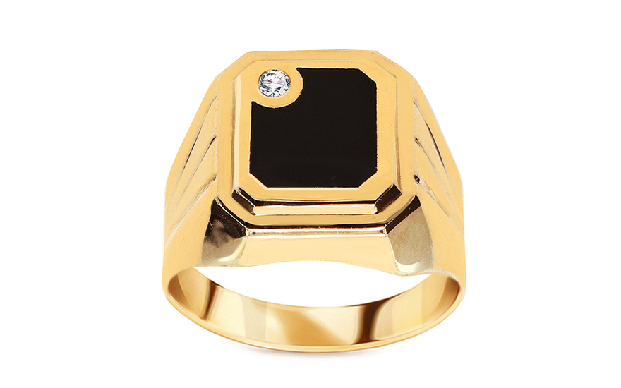 Zlatý pánsky prsteň s čiernou glazúrou a zirkónom - IZ10565