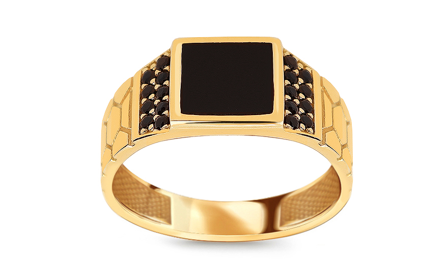 Zlatý pánsky prsteň s ónyxom a čiernymi zirkónmi - IZ10667M